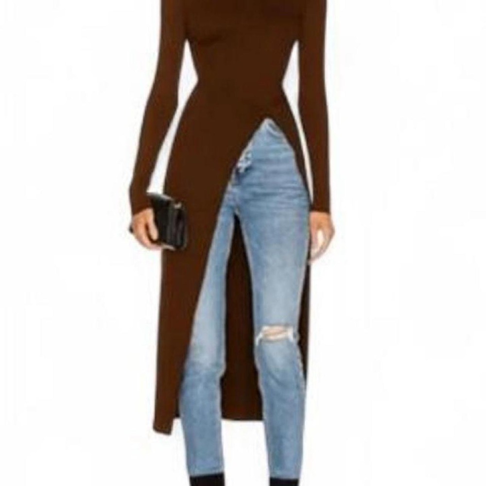 UOOZEE Simple Skinny Split-Side High-Neck T-Shirt Sexy Chic Long Sleeve Long Top